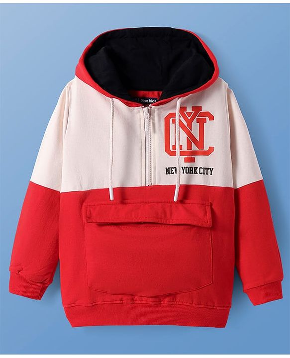 Pine Kids Cotton Knit Full Sleeves Cut & Sew Design Hooded Sweatshirt with Text Print - Red