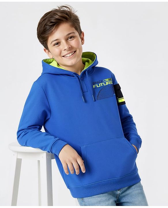 Pine Kids Cotton Knit Full Sleeves Sweatshirt with Text Print & Kangaroo Pockets - Blue