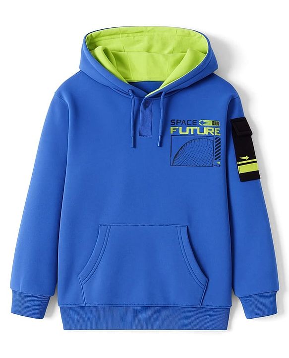 Pine Kids Cotton Knit Full Sleeves Sweatshirt with Text Print & Kangaroo Pockets - Blue