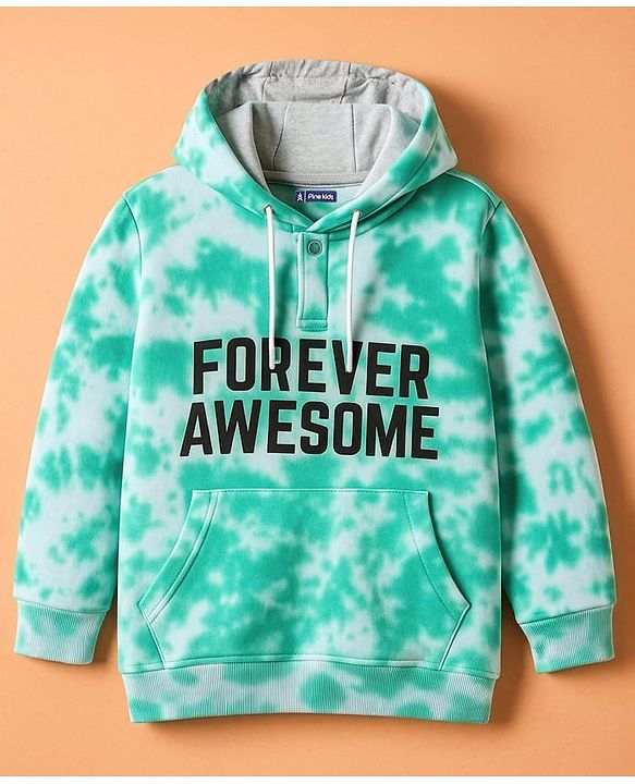 Pine Kids Cotton Knit Full Sleeves Hooded Sweatshirt with Text Print & Kangaroo Pockets - Sea Green & White