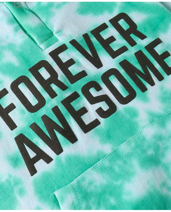 Pine Kids Cotton Knit Full Sleeves Hooded Sweatshirt with Text Print & Kangaroo Pockets - Sea Green & White