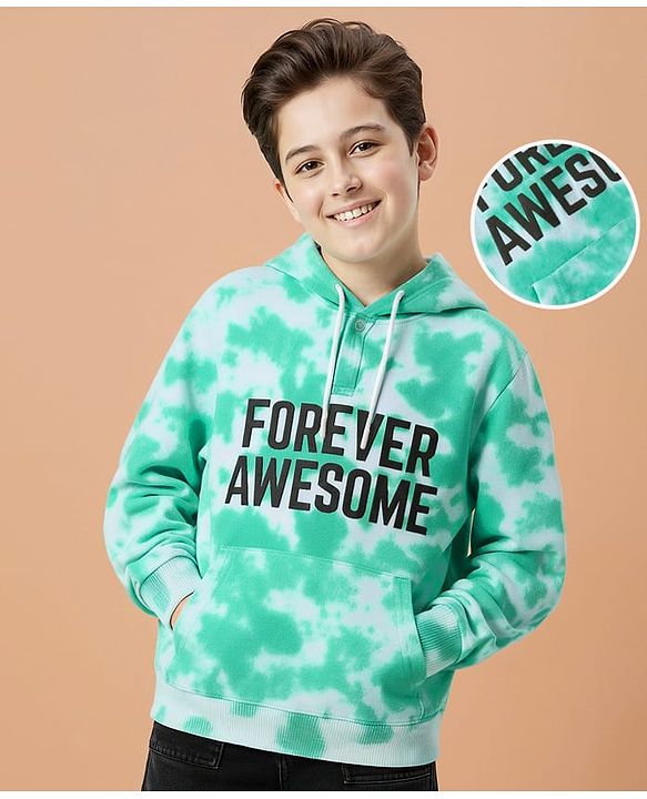 Pine Kids Cotton Knit Full Sleeves Hooded Sweatshirt with Text Print & Kangaroo Pockets - Sea Green & White