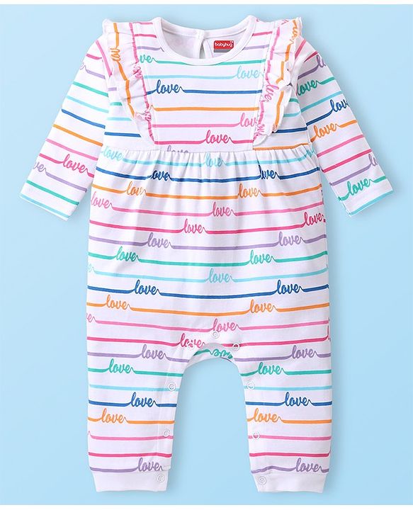 Babyoye 100% Cotton Knit Full Sleeves Romper With Striped & Text Print - White