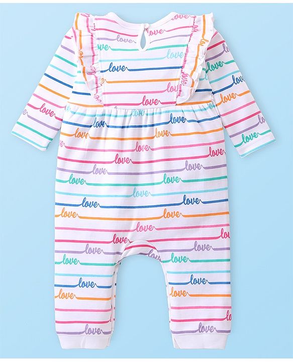 Babyoye 100% Cotton Knit Full Sleeves Romper With Striped & Text Print - White