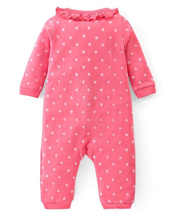 Babyhug Interlock 100% Cotton Knit Full Sleeves Full Length Romper With Frill Detailing & Kitten Print - Pink