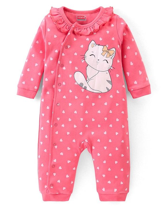 Babyhug Interlock 100% Cotton Knit Full Sleeves Full Length Romper With Frill Detailing & Kitten Print - Pink