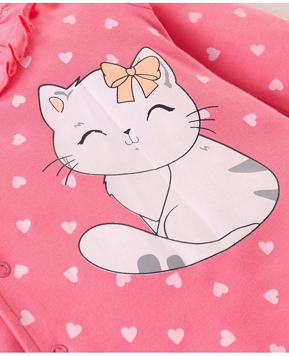 Babyhug Interlock 100% Cotton Knit Full Sleeves Full Length Romper With Frill Detailing & Kitten Print - Pink