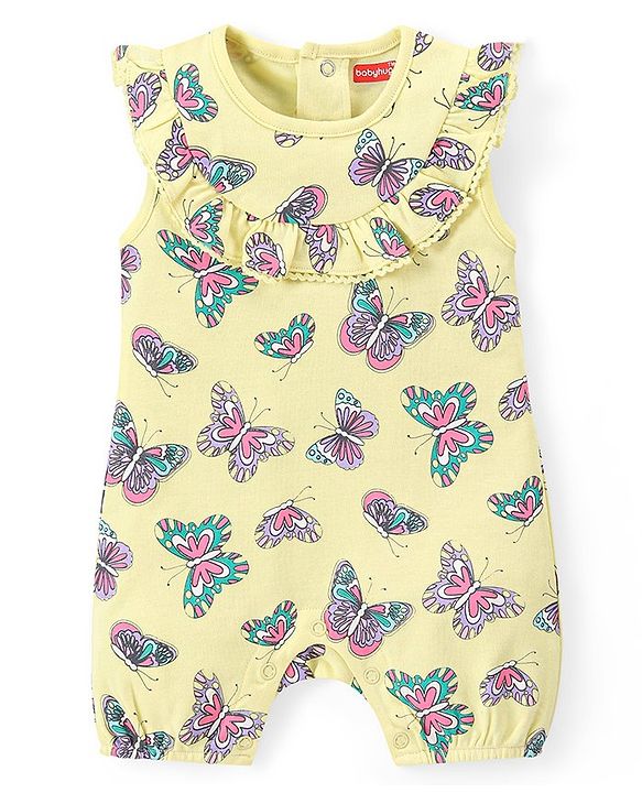 Babyhug 100% Cotton Knit Frill Sleeves Romper  Butterfly Print - Green