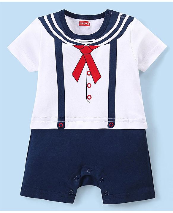 Babyhug 100% Cotton Half Sleeves Romper With Bow Print - Navy Blue