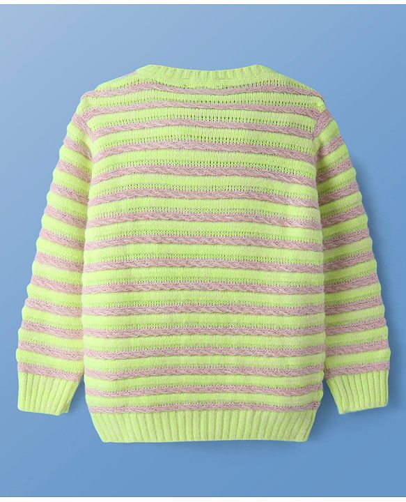 Pine Kids Knitted Full Sleeves Pullover Sweater with Striped Design - Neon Green