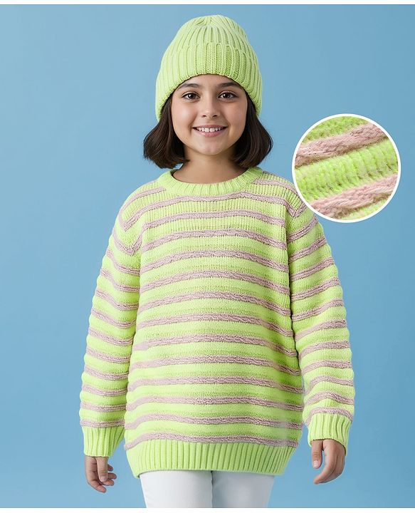 Pine Kids Knitted Full Sleeves Pullover Sweater with Striped Design - Neon Green