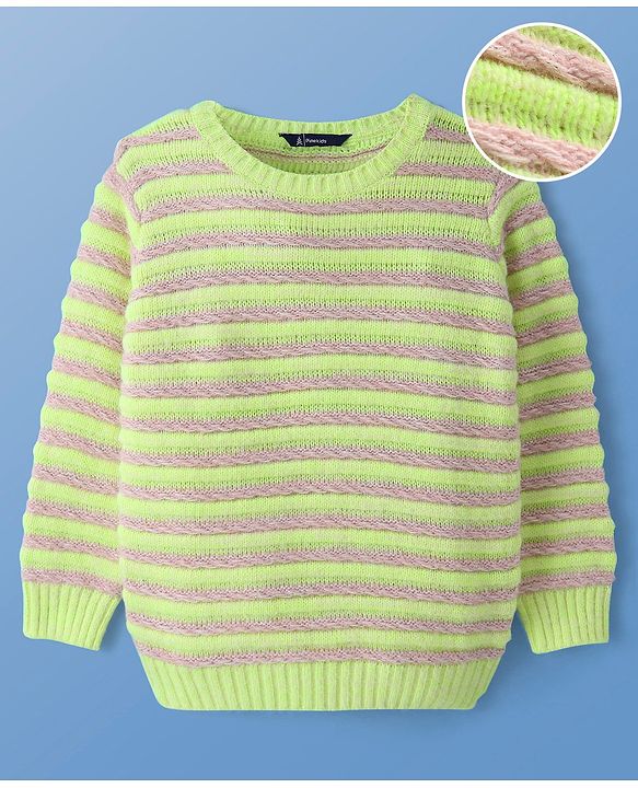 Pine Kids Knitted Full Sleeves Pullover Sweater with Striped Design - Neon Green
