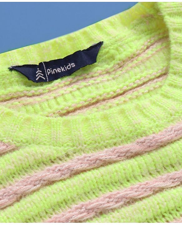Pine Kids Knitted Full Sleeves Pullover Sweater with Striped Design - Neon Green
