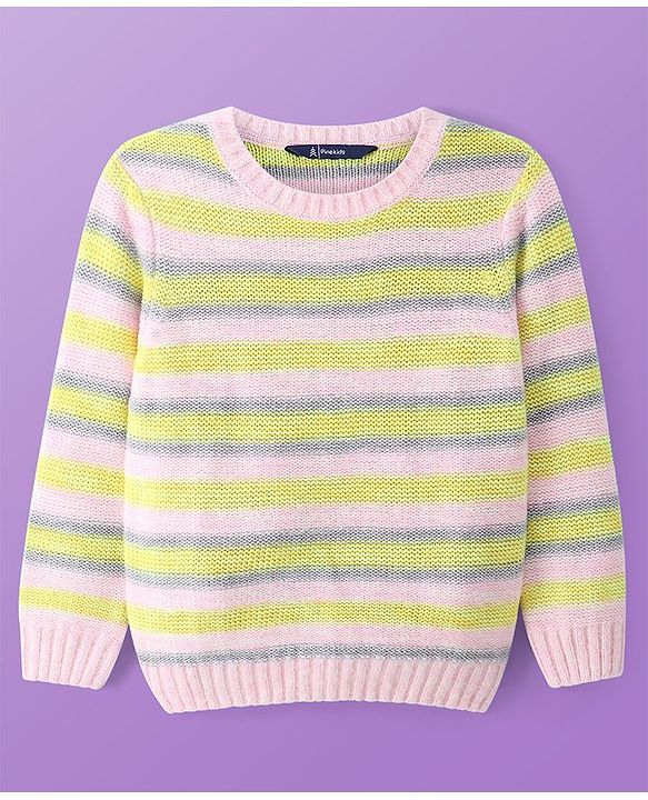 Pine Kids Knitted Full Sleeves Pullover Sweater with Striped Designed - Light Pink & Yellow