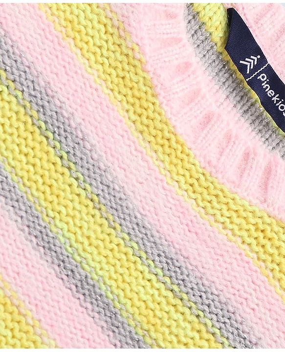 Pine Kids Knitted Full Sleeves Pullover Sweater with Striped Designed - Light Pink & Yellow