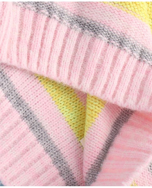 Pine Kids Knitted Full Sleeves Pullover Sweater with Striped Designed - Light Pink & Yellow