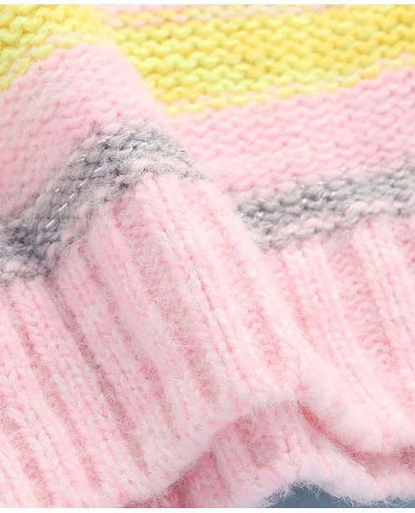Pine Kids Knitted Full Sleeves Pullover Sweater with Striped Designed - Light Pink & Yellow