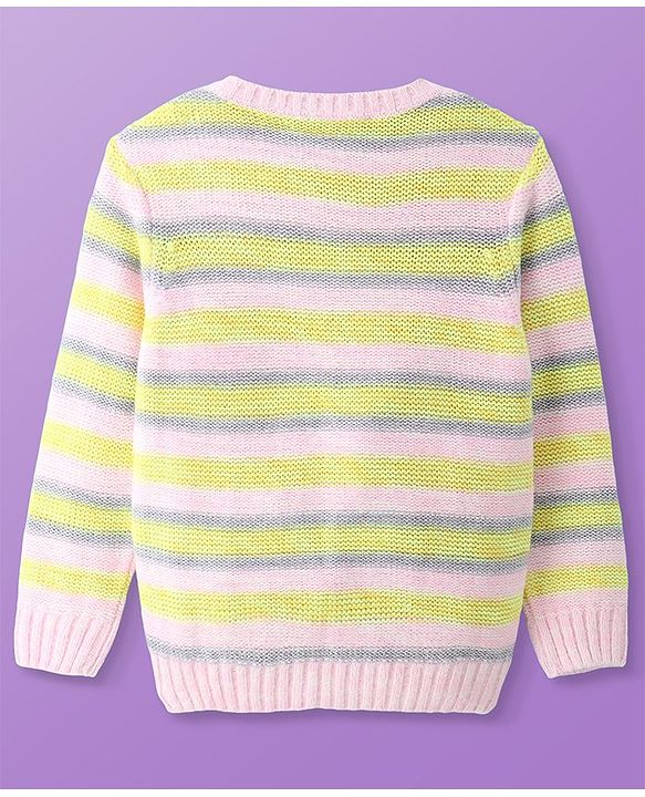 Pine Kids Knitted Full Sleeves Pullover Sweater with Striped Designed - Light Pink & Yellow