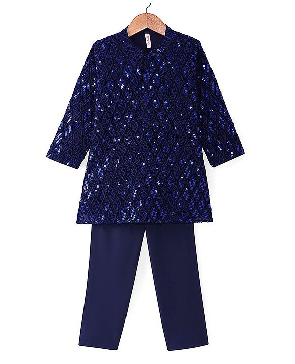Babyhug Woven Full  Sleeves Sequined Embroidered  Kurta Pyjama Set - Navy Blue