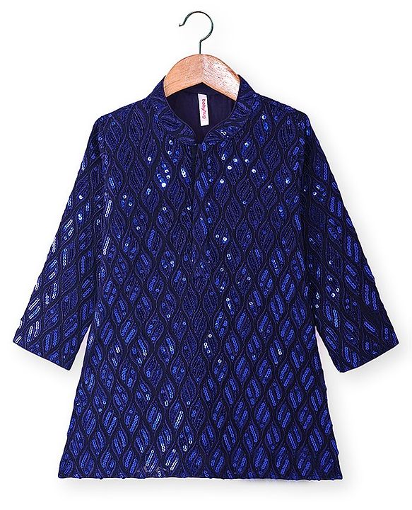 Babyhug Woven Full  Sleeves Sequined Embroidered  Kurta Pyjama Set - Navy Blue