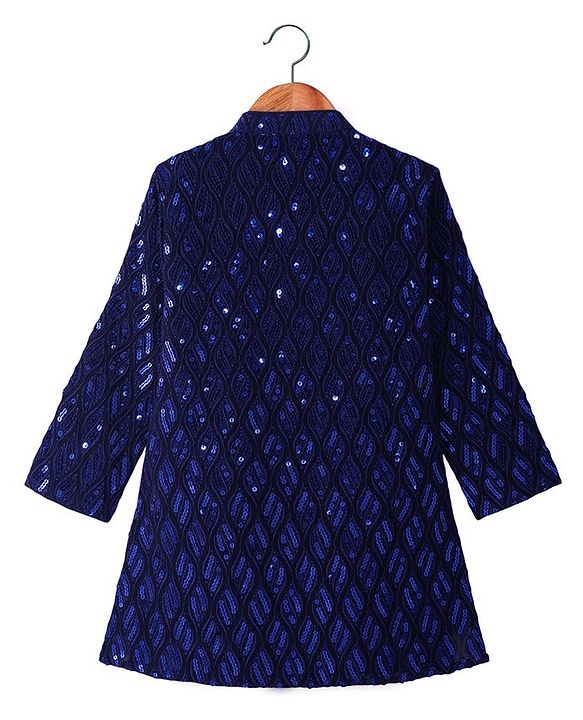 Babyhug Woven Full  Sleeves Sequined Embroidered  Kurta Pyjama Set - Navy Blue