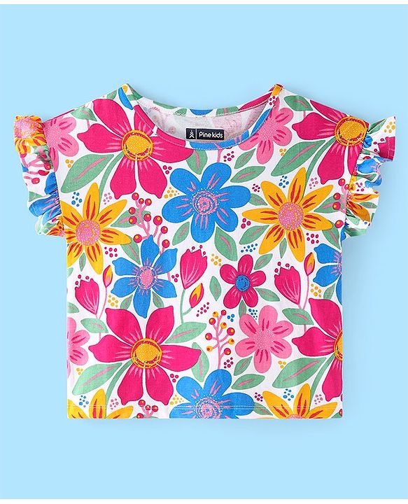 Pine Kids Cotton Knit Half Sleeves Floral Printed Top - Multicolour