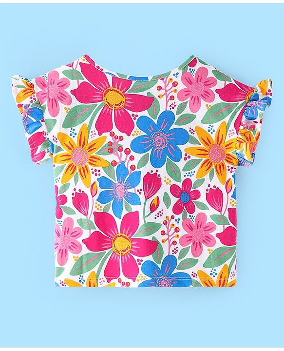Pine Kids Cotton Knit Half Sleeves Floral Printed Top - Multicolour