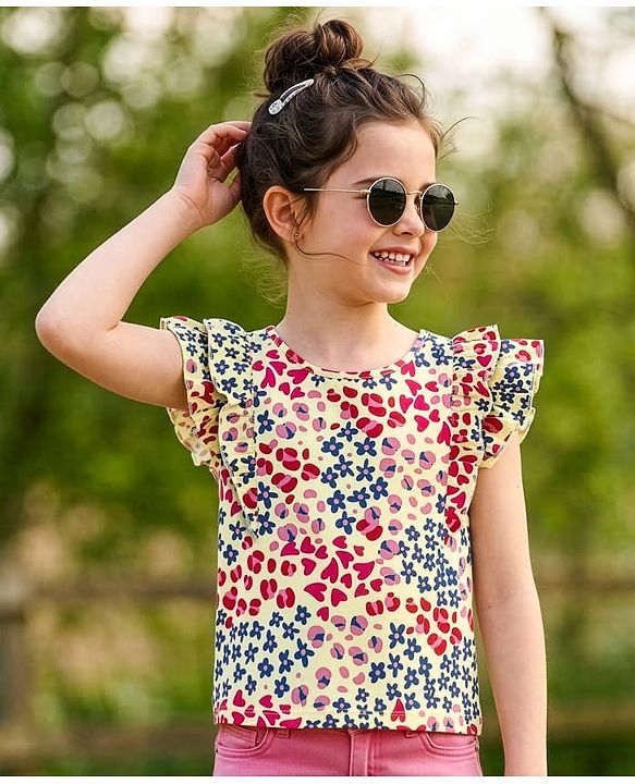 Pine Kids Cotton Frill Sleeves Heart & Floral Printed Top - Multicolour