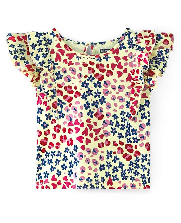 Pine Kids Cotton Frill Sleeves Heart & Floral Printed Top - Multicolour