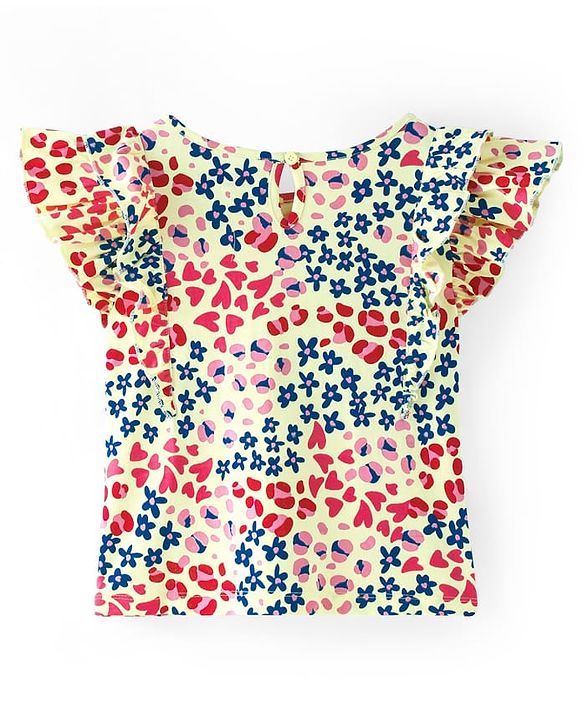 Pine Kids Cotton Frill Sleeves Heart & Floral Printed Top - Multicolour