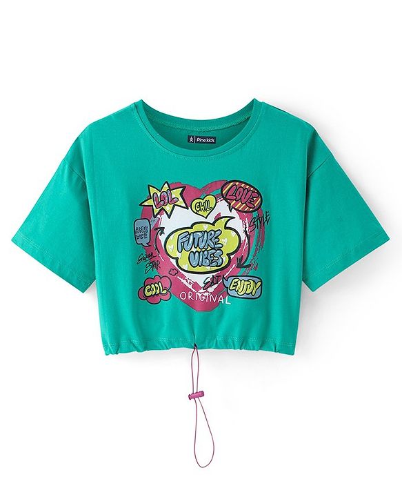 Pine Kids Cotton Knit Half Drop Shoulder Sleeves Crop T-Shirt with Heart Print - Green