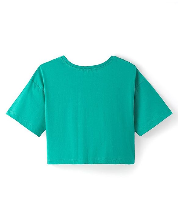 Pine Kids Cotton Knit Half Drop Shoulder Sleeves Crop T-Shirt with Heart Print - Green