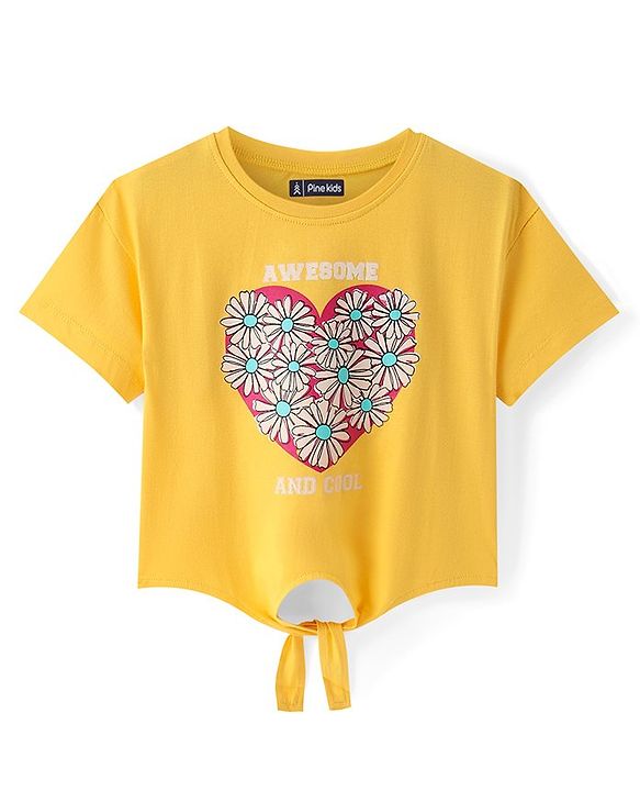 Pine Kids Cotton Knit Half Drop Shoulder Sleeves T-Shirt with Knit Detailing Heart & Floral Print - Yellow