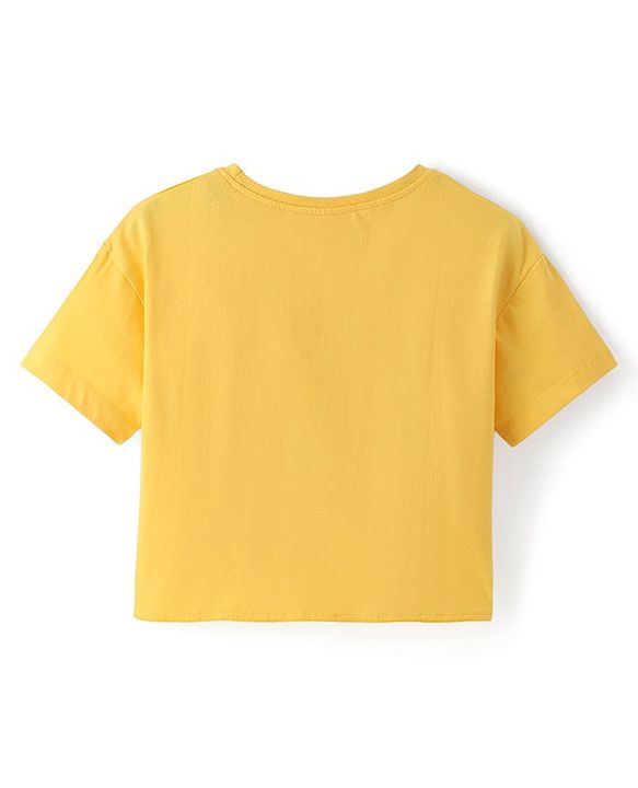 Pine Kids Cotton Knit Half Drop Shoulder Sleeves T-Shirt with Knit Detailing Heart & Floral Print - Yellow