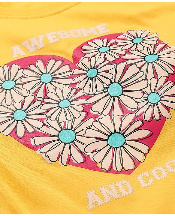 Pine Kids Cotton Knit Half Drop Shoulder Sleeves T-Shirt with Knit Detailing Heart & Floral Print - Yellow