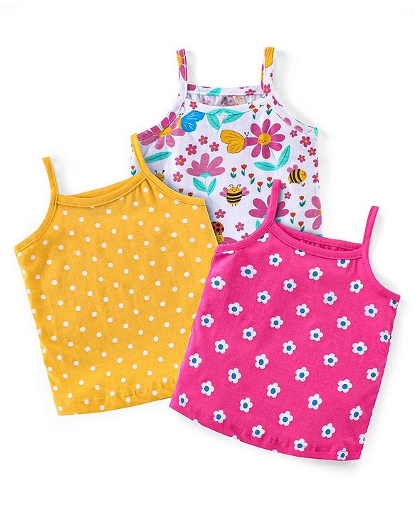 Babyhug 100% Cotton Knit Singlet Sleeves Antibacterial Slips  with Floral & Polka Dots Print Pack of 3 - Pink White & Yellow
