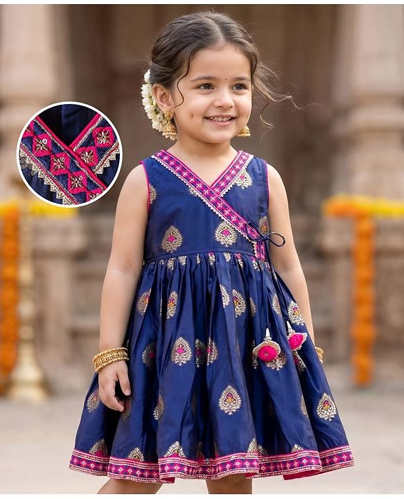 Babyhug Cotton Woven Sleeveless Foil Printed Ethnic Dress - Navy Blue