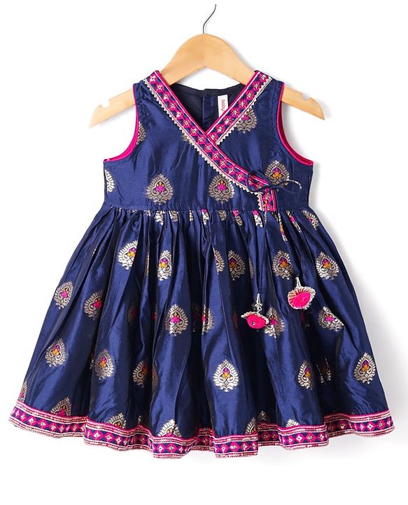 Babyhug Cotton Woven Sleeveless Foil Printed Ethnic Dress - Navy Blue
