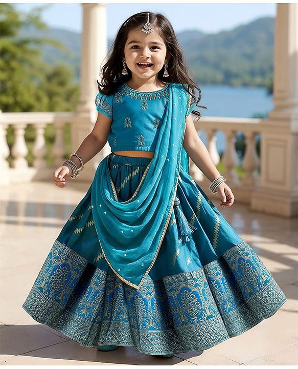 Babyhug Woven Short Sleeves Mirror Work & Sequin  Embroidered Choli & Lehenga Set with Dupatta  - Teal Blue