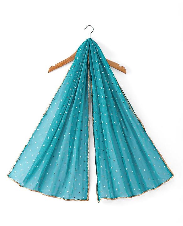 Babyhug Woven Short Sleeves Mirror Work & Sequin  Embroidered Choli & Lehenga Set with Dupatta  - Teal Blue