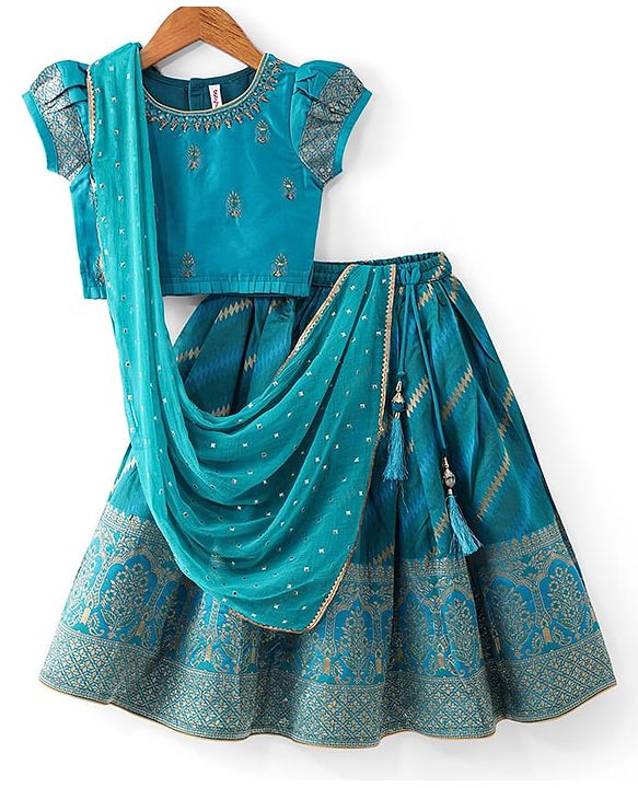 Babyhug Woven Short Sleeves Mirror Work & Sequin  Embroidered Choli & Lehenga Set with Dupatta  - Teal Blue
