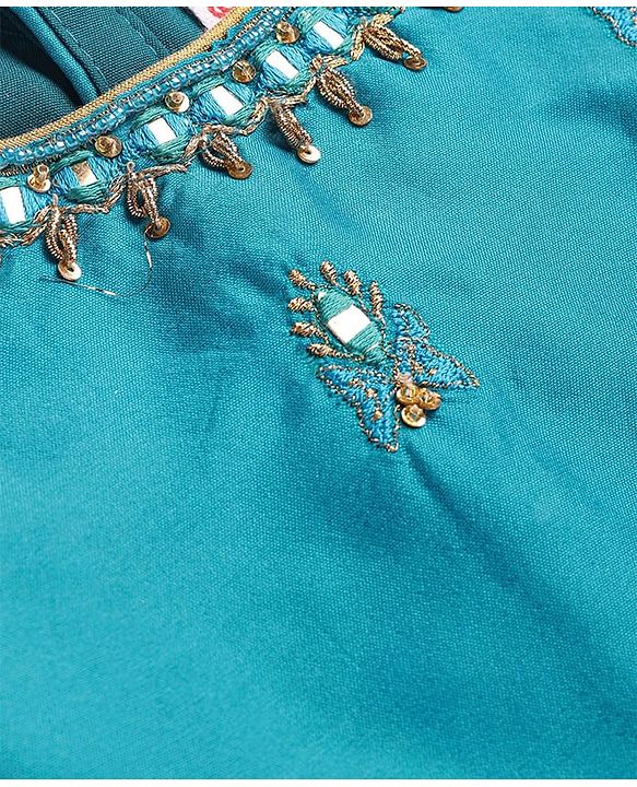 Babyhug Woven Short Sleeves Mirror Work & Sequin  Embroidered Choli & Lehenga Set with Dupatta  - Teal Blue