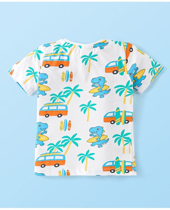 Babyhug Cotton Knit Half Sleeves T-Shirt With Beach Theme Print - White