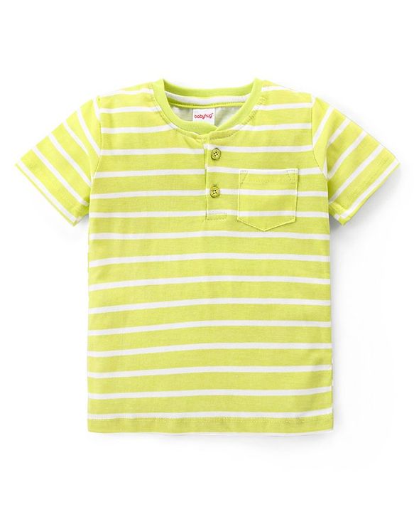 Babyhug Cotton Knit Half Sleeves Henley Neck T-Shirt With Stripes - Green