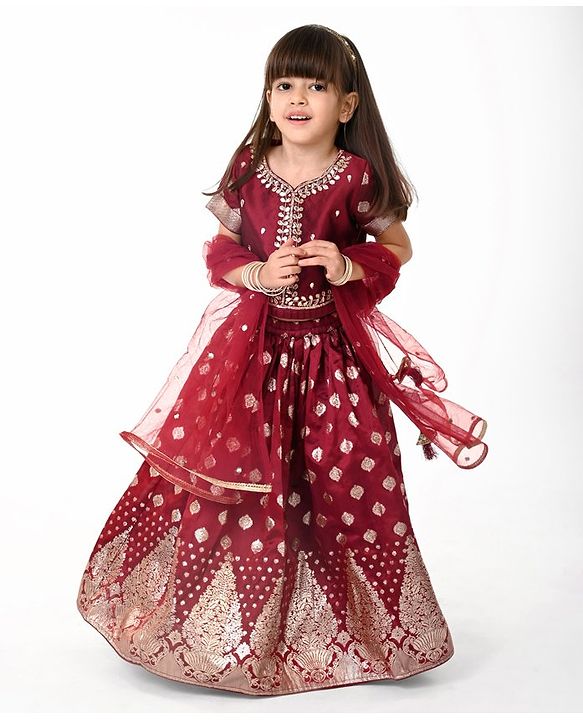 Babyhug Woven Short Sleeves Embroidered Choli With Lehenga & Dupatta Set -   Maroon