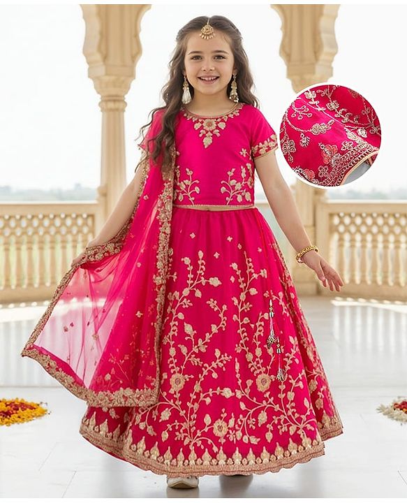 Babyhug Woven Half Sleeves Choli Lehenga & Dupatta Set with Floral Embroidery - Fuschia Pink