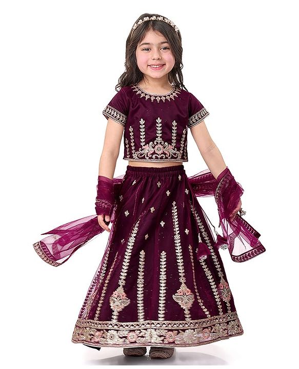 Babyhug Woven Half Sleeves Shimmered Floral Embroidered Choli Lehenga Set with Dupatta - Wine