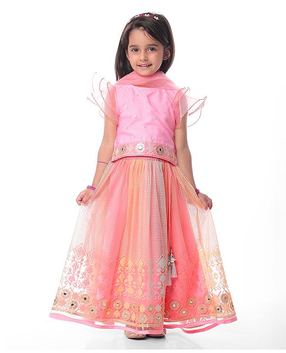 Babyhug  Woven Frill Sleeves Choli Lehenga Set & Dupatta with Sequin Design & Lace Detailing - Pink