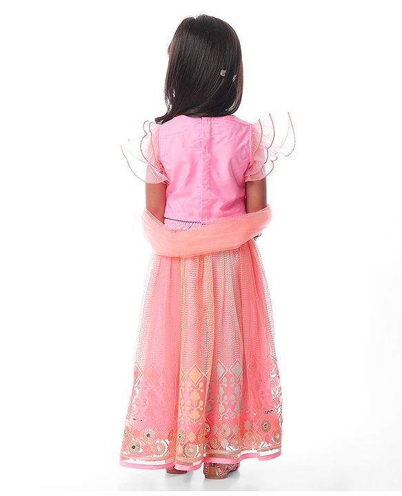 Babyhug  Woven Frill Sleeves Choli Lehenga Set & Dupatta with Sequin Design & Lace Detailing - Pink