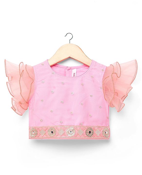 Babyhug  Woven Frill Sleeves Choli Lehenga Set & Dupatta with Sequin Design & Lace Detailing - Pink